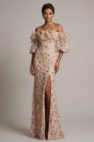 Champagne Off the Shoulder Mermaid Sequins Long Mother Of the Bride Dress with Slit