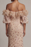 Champagne Off the Shoulder Mermaid Sequins Long Mother Of the Bride Dress with Slit