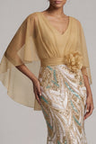 Sparkly Champagne Mermaid Sequins V-Neck Mother Of the Bride Dress with Cape