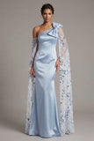 Sky Blue Satin Mermaid One Shoulder Mother Of the Bride Dress with Bow