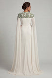 Ivory Chiffon Sheath Round Neck Mother Of the Bride Dress with Long Sleeves