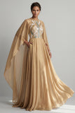 Champagne A-Line Round Neck Sequins Mother Of the Bride Dress with Long Sleeves