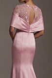 Mermaid Satin Pink Round Neck Long Mother Of the Bride Dress