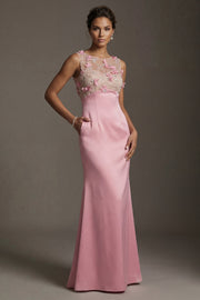 Satin Pink Round Neck Sheath Floral Long Mother Of the Bride Dress with Pocket