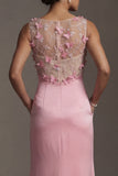 Satin Pink Round Neck Sheath Floral Long Mother Of the Bride Dress with Pocket
