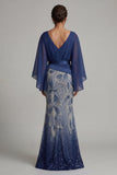 Sparkly Navy V-Neck Mermaid Mother of the Bride Dress with Cape Sleeves