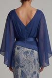 Sparkly Navy V-Neck Mermaid Mother of the Bride Dress with Cape Sleeves