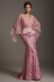 Pink V-Neck Mermaid Sequin Mother of the Bride Dress with Cape Sleeves