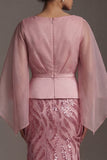 Pink V-Neck Mermaid Sequin Mother of the Bride Dress with Cape Sleeves