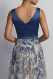 Sparkly Navy V-Neck A Line Mother of the Bride Dress with Bow