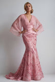 Sparkly Pink V-Neck Mermaid Mother of the Bride Dress with Cape Sleeves