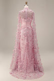 Pink Illusion Neck Mermaid Floral Mother of the Bride Dress with Cape Sleeves