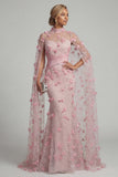 Mermaid Pink Illusion Neck 3D Floral Evening Dress with Cape Sleeves