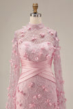 Pink Illusion Neck Mermaid Floral Mother of the Bride Dress with Cape Sleeves