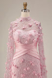 Mermaid Pink Illusion Neck 3D Floral Evening Dress with Cape Sleeves