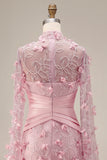 Pink Illusion Neck Mermaid Floral Mother of the Bride Dress with Cape Sleeves