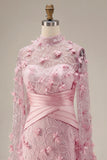 Pink Illusion Neck Mermaid Floral Mother of the Bride Dress with Cape Sleeves