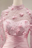 Pink Illusion Neck Mermaid Floral Mother of the Bride Dress with Cape Sleeves