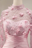Mermaid Pink Illusion Neck 3D Floral Evening Dress with Cape Sleeves