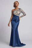 Sparkly Navy One-Shoulder Mermaid Mother of the Bride Dress