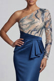 Sparkly Navy One-Shoulder Mermaid Mother of the Bride Dress