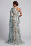 Sparkly One Shoulder Light Blue Mermaid Mother of the Bride Dress with Side Cape