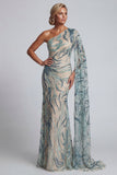 Sparkly One Shoulder Light Blue Mermaid Mother of the Bride Dress with Side Cape