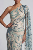 Sparkly One Shoulder Light Blue Mermaid Mother of the Bride Dress with Side Cape