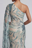 Sparkly One Shoulder Light Blue Mermaid Mother of the Bride Dress with Side Cape