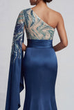 One Shoulder Navy Mermaid Mother of the Bride Dress with Cape Sleeves