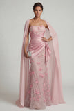 Strapless Pink Mermaid Floral Mother of the Bride Dress with Detachable Cape
