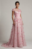 Pink A Line Short Sleeve Mother Of Bride Dress with 3D Flowers