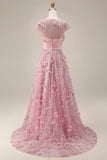 Pink A Line Short Sleeve Mother Of Bride Dress with 3D Flowers