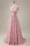 A-Line Pink Short Sleeve Beaded Long Prom Dress with 3D Flowers