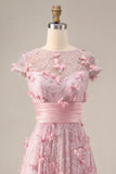 Pink A Line Short Sleeve Mother Of Bride Dress with 3D Flowers