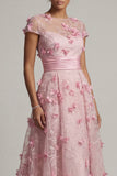 Pink A Line Short Sleeve Mother Of Bride Dress with 3D Flowers