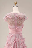 Pink A Line Short Sleeve Mother Of Bride Dress with 3D Flowers
