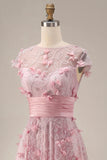 Pink A Line Short Sleeve Mother Of Bride Dress with 3D Flowers