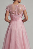 Round Neck A Line Pink Mother Of Bride Dress with 3D Flowers