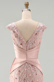 Beaded Blush V Neck Mermaid Mother Of Bride Dress