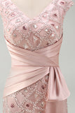 Beaded Blush V Neck Mermaid Mother Of Bride Dress