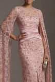 Beaded Blush Sheath Mother Of Bride Dress with Cap Sleeves