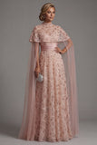 Strapless Beaded Blush A Line Mother Of Bride Dress with Detachable Cape