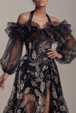 Cold Shoulder Black Sequin A Line Mother Of Bride Dress with Slit