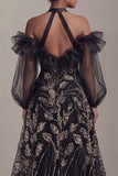 Cold Shoulder Black Sequin A Line Mother Of Bride Dress with Slit