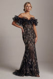 Off The Shoulder Black Sequin Mermaid Mother Of Bride Dress