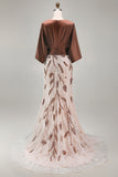Coffee 3/4 Sleeves Appliqued Mermaid Mother of the Bride Dress
