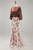 Coffee 3/4 Sleeves Appliqued Mermaid Mother of the Bride Dress