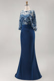 Floral Navy Sparkly Sequin Mermaid Long Ruched Mother of the Bride Dress