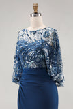 Floral Navy Sparkly Sequin Mermaid Long Ruched Mother of the Bride Dress